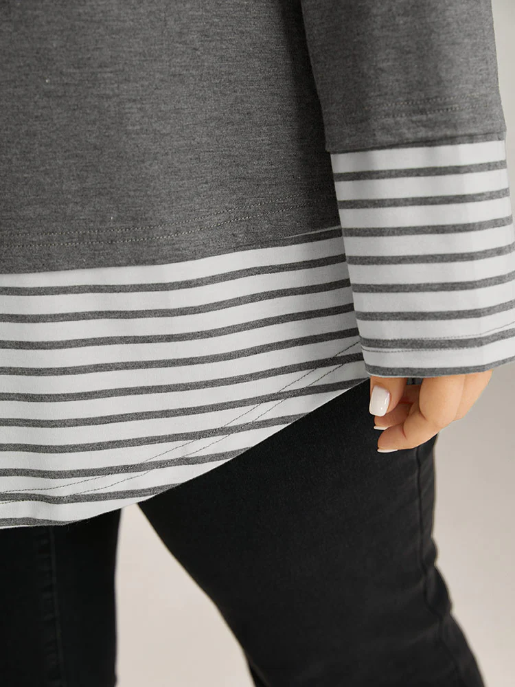 Striped Patchwork Button Detail T-shirt - Image 7