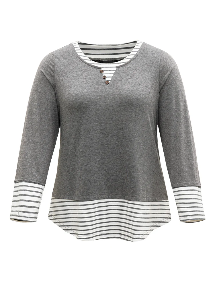 Striped Patchwork Button Detail T-shirt - Image 8