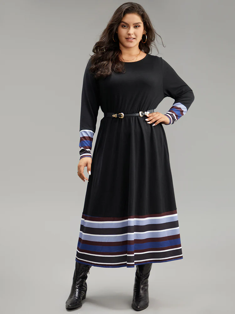 Striped Patchwork Contrast Crew Neck Dress