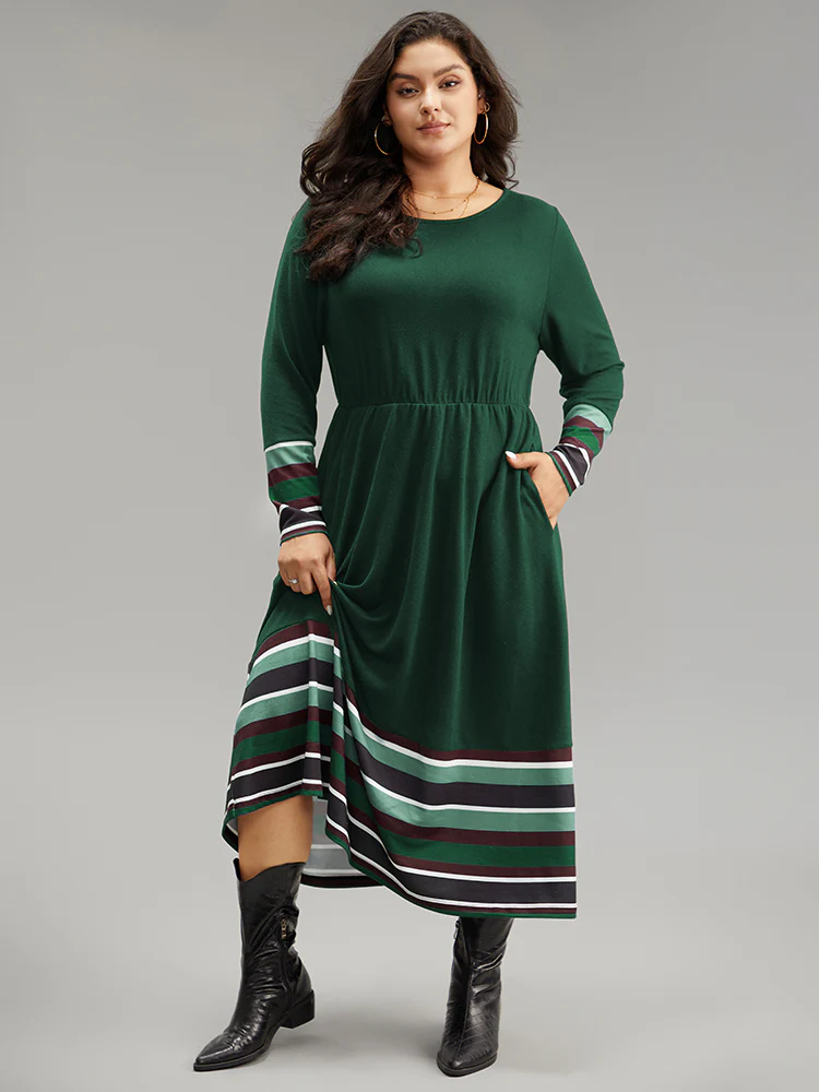 Striped Patchwork Contrast Crew Neck Dress - Image 10