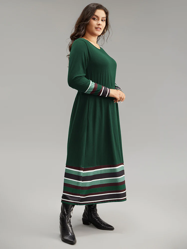 Striped Patchwork Contrast Crew Neck Dress - Image 11