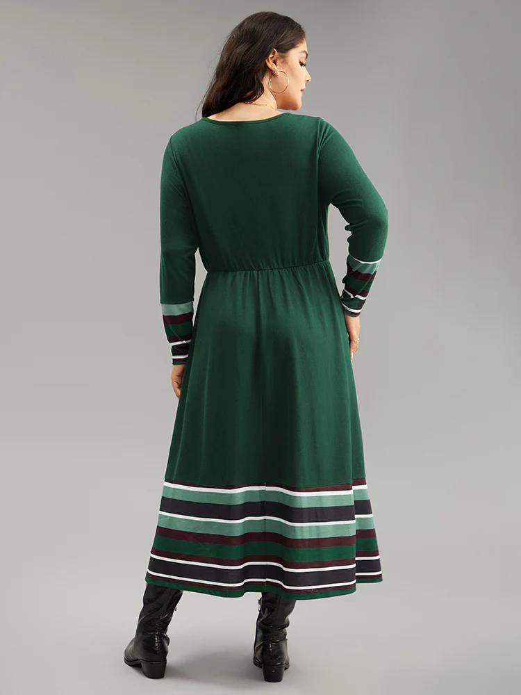 Striped Patchwork Contrast Crew Neck Dress - Image 12