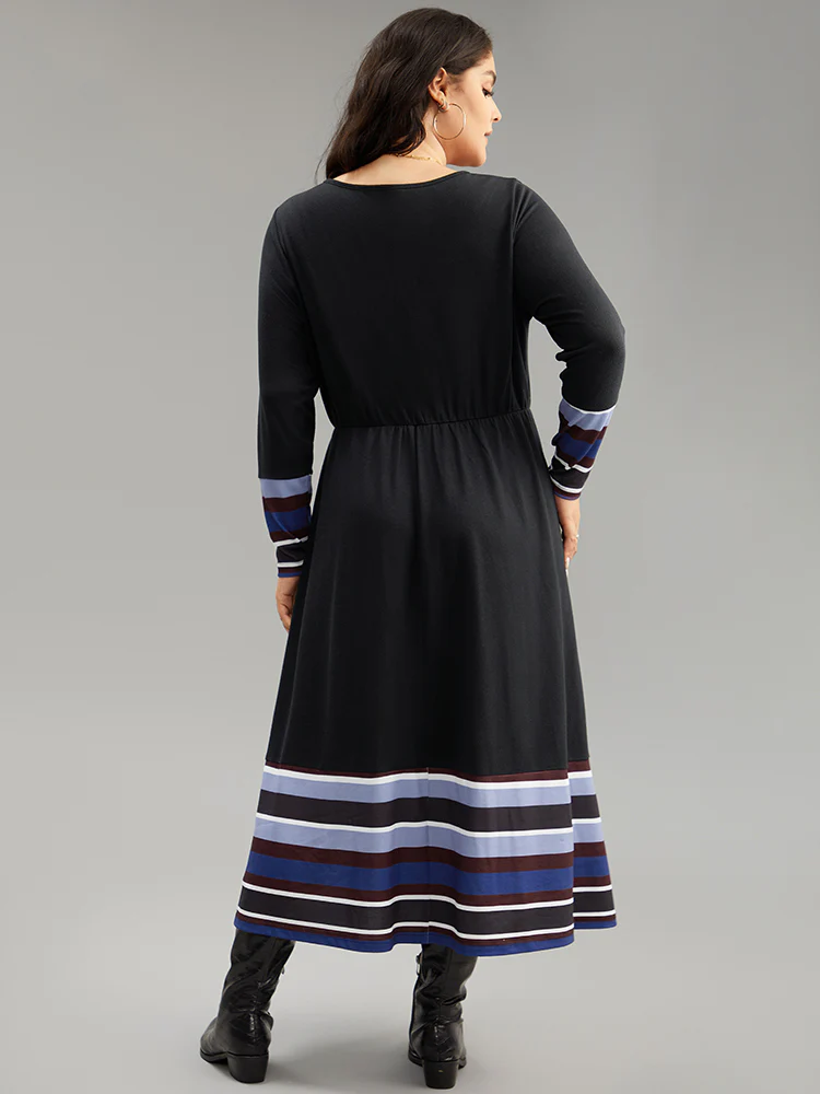 Striped Patchwork Contrast Crew Neck Dress - Image 2