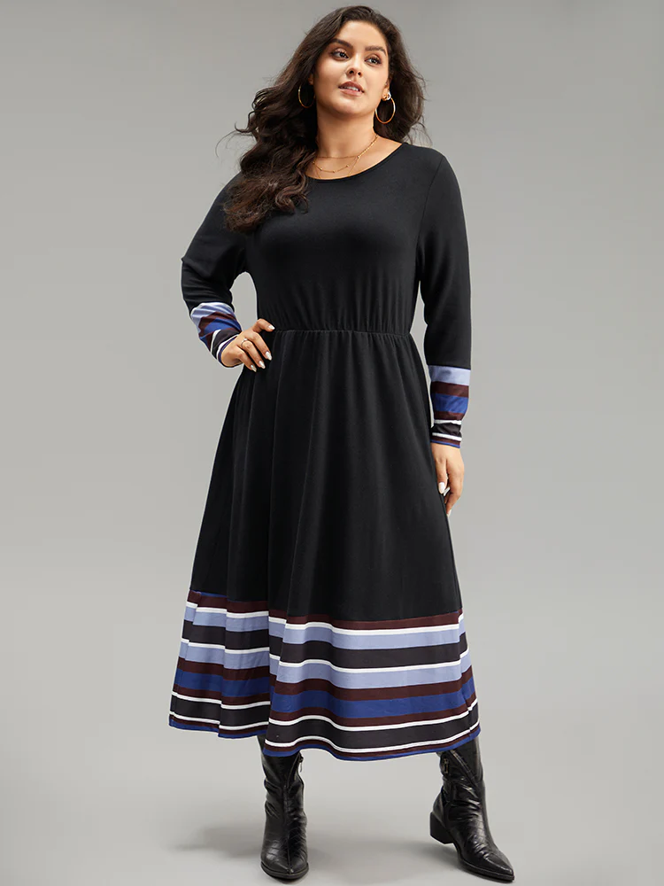 Striped Patchwork Contrast Crew Neck Dress - Image 3