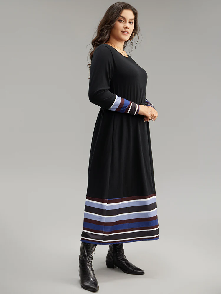Striped Patchwork Contrast Crew Neck Dress - Image 4