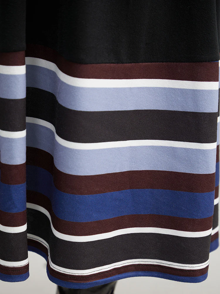 Striped Patchwork Contrast Crew Neck Dress - Image 7