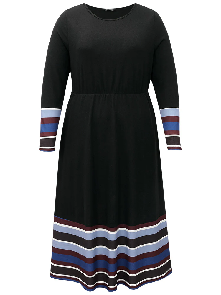 Striped Patchwork Contrast Crew Neck Dress - Image 8