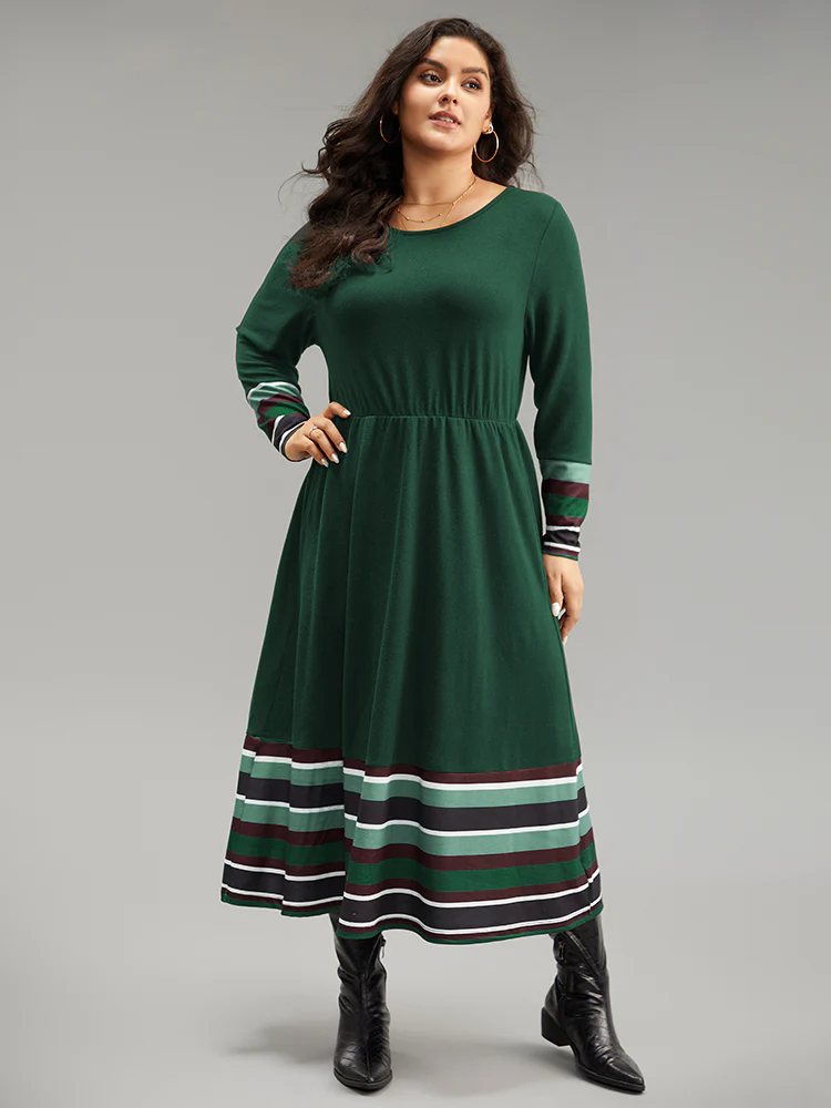 Striped Patchwork Contrast Crew Neck Dress - Image 9