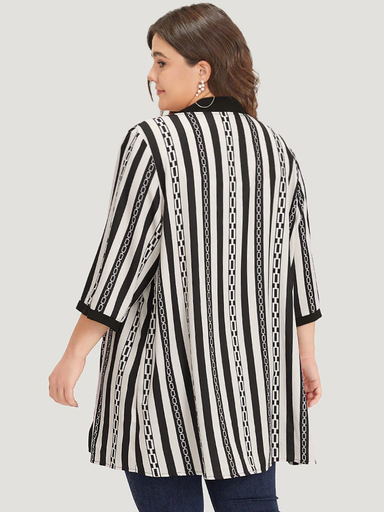 Striped Patchwork Contrast Open Front Kimono - Image 2