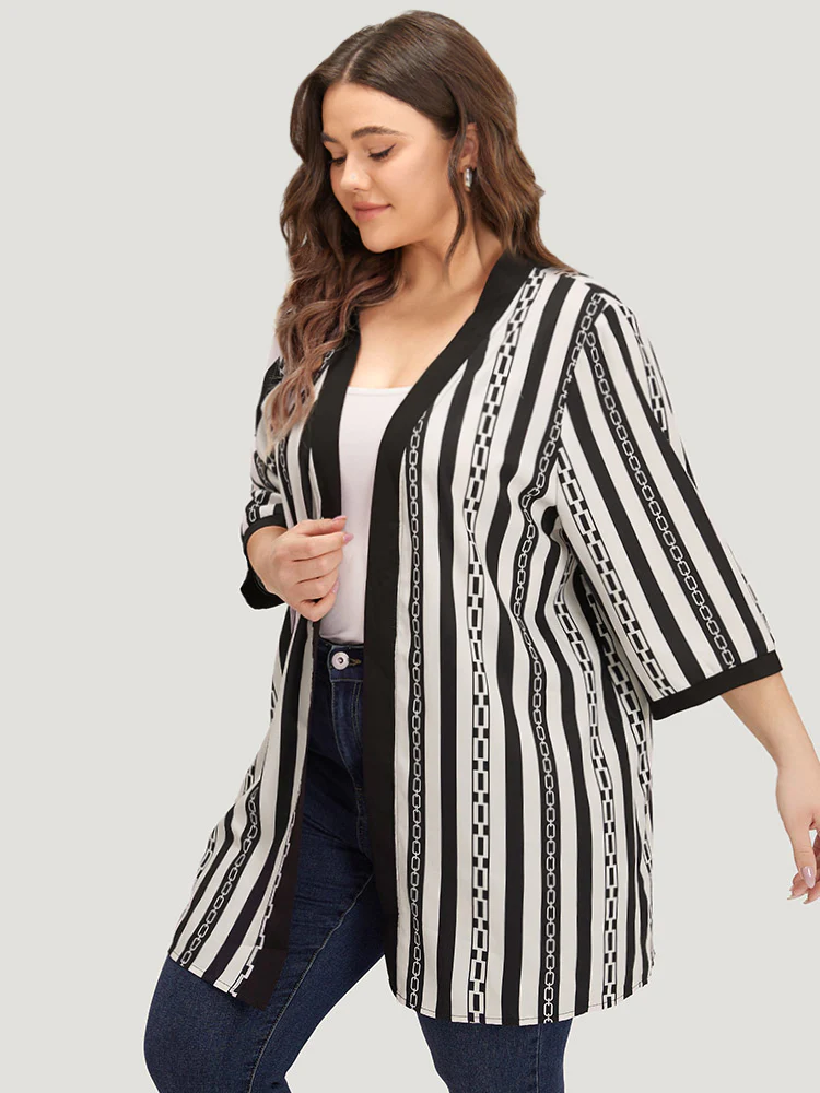 Striped Patchwork Contrast Open Front Kimono - Image 3