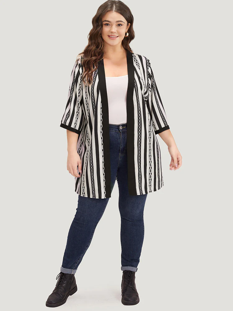 Striped Patchwork Contrast Open Front Kimono - Image 4