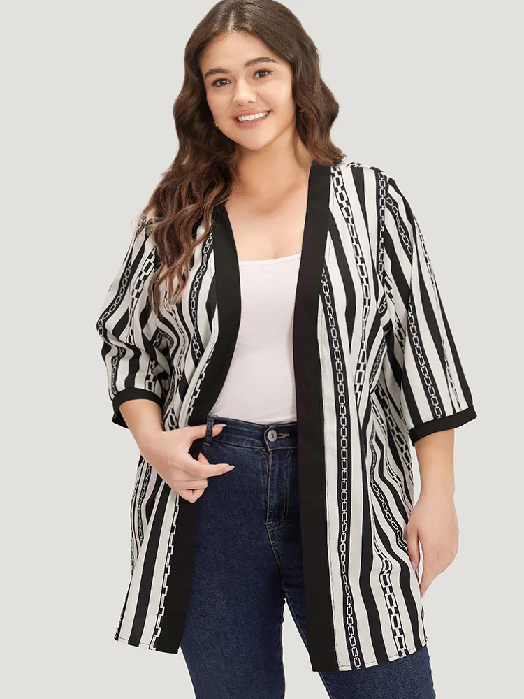 Striped Patchwork Contrast Open Front Kimono - Image 5
