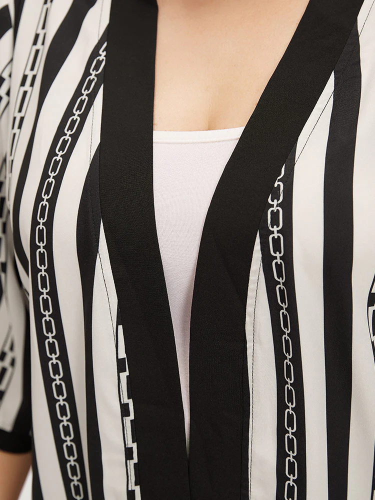 Striped Patchwork Contrast Open Front Kimono - Image 7
