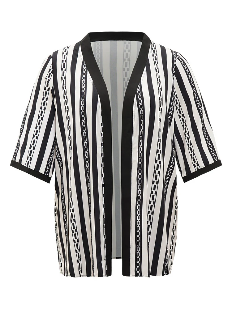Striped Patchwork Contrast Open Front Kimono - Image 9