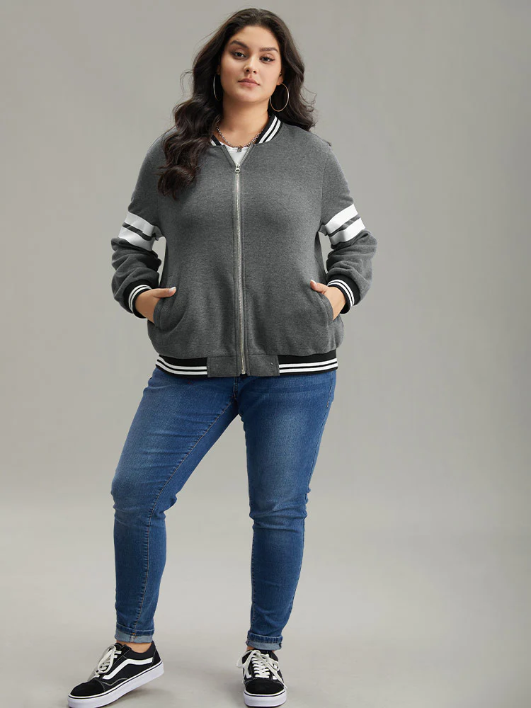 Striped Patchwork Contrast Pocket Zipper Bomber Jacket - Image 2