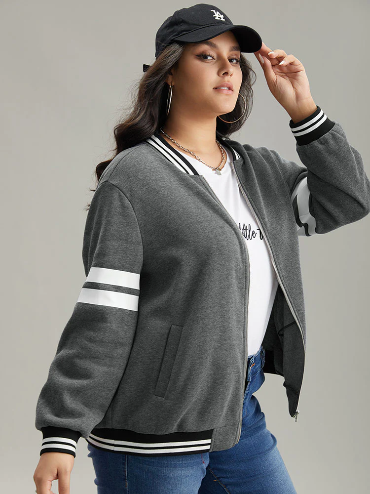 Striped Patchwork Contrast Pocket Zipper Bomber Jacket - Image 3