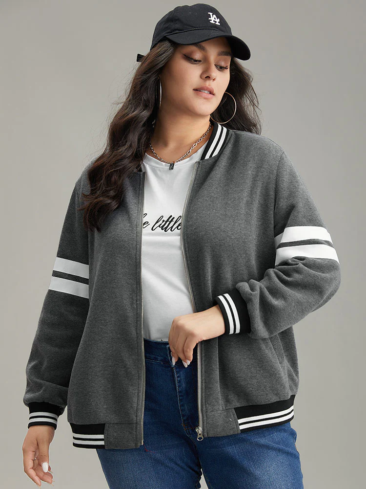 Striped Patchwork Contrast Pocket Zipper Bomber Jacket - Image 4