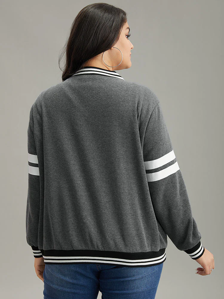 Striped Patchwork Contrast Pocket Zipper Bomber Jacket - Image 5