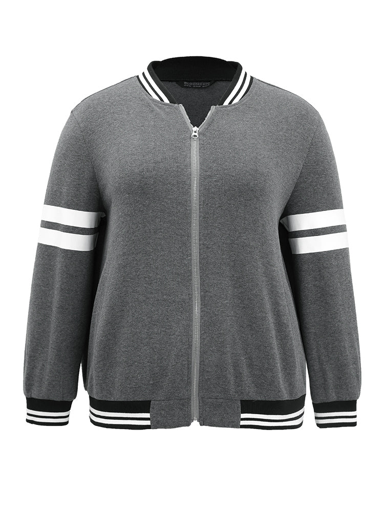 Striped Patchwork Contrast Pocket Zipper Bomber Jacket - Image 6