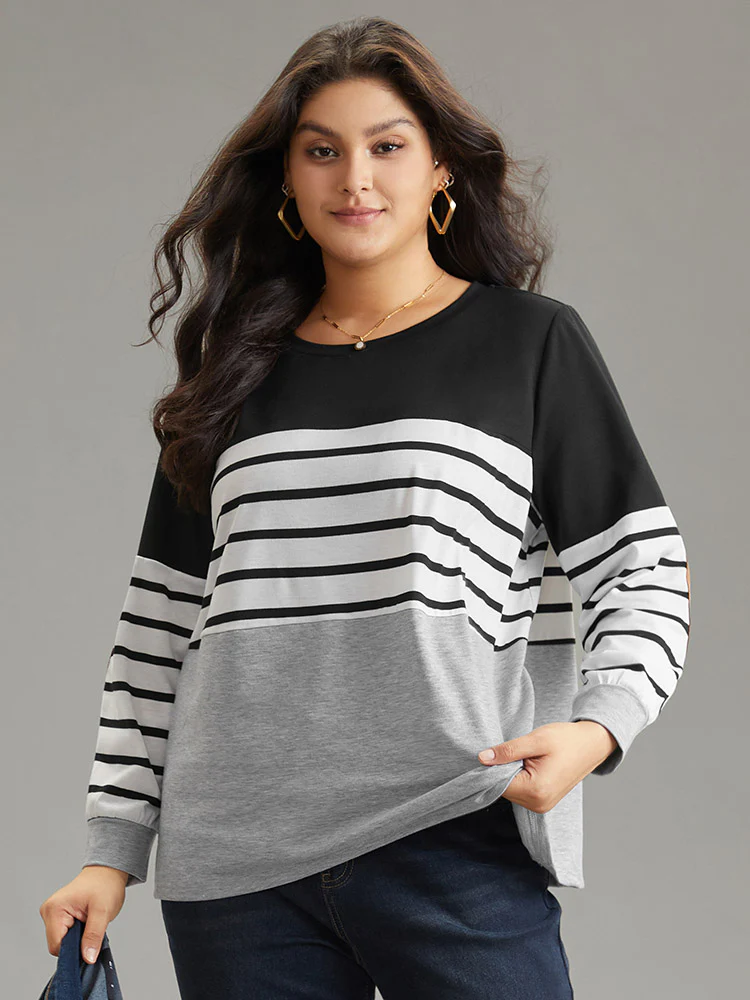 Striped Patchwork Contrast Slight Crew Neck Sweatshirt