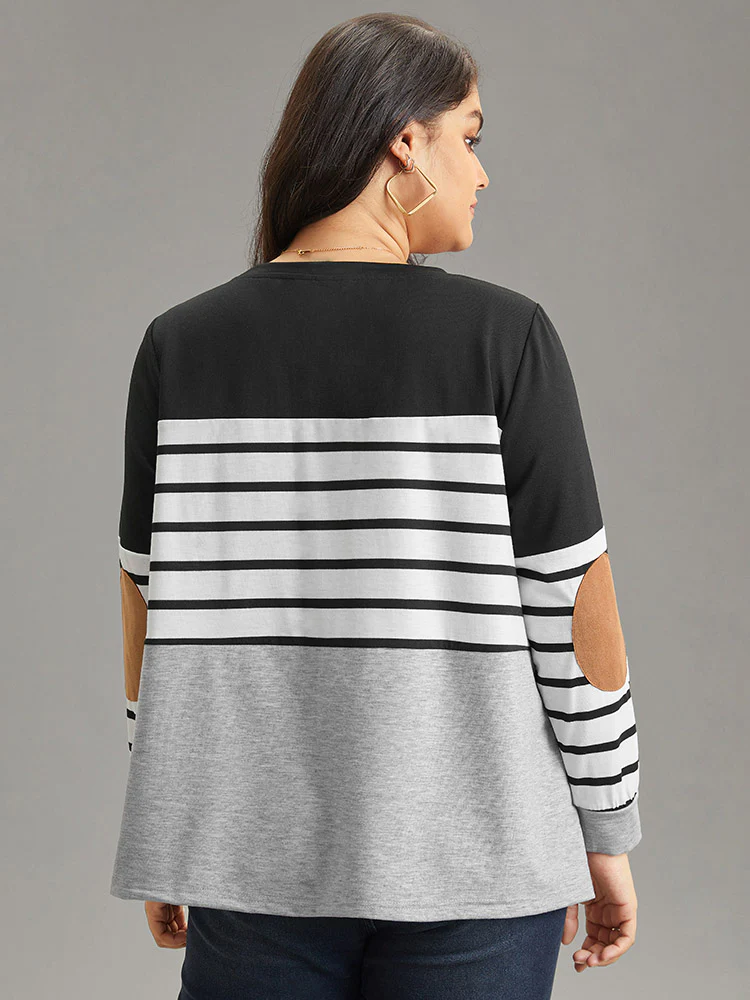 Striped Patchwork Contrast Slight Crew Neck Sweatshirt - Image 2