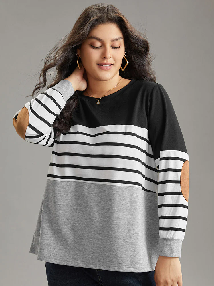Striped Patchwork Contrast Slight Crew Neck Sweatshirt - Image 3