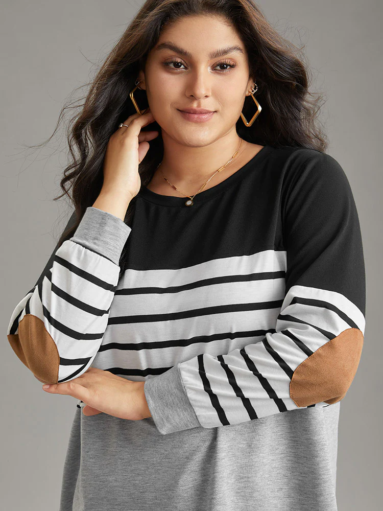 Striped Patchwork Contrast Slight Crew Neck Sweatshirt - Image 5