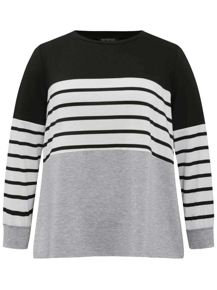 Striped Patchwork Contrast Slight Crew Neck Sweatshirt - Image 6