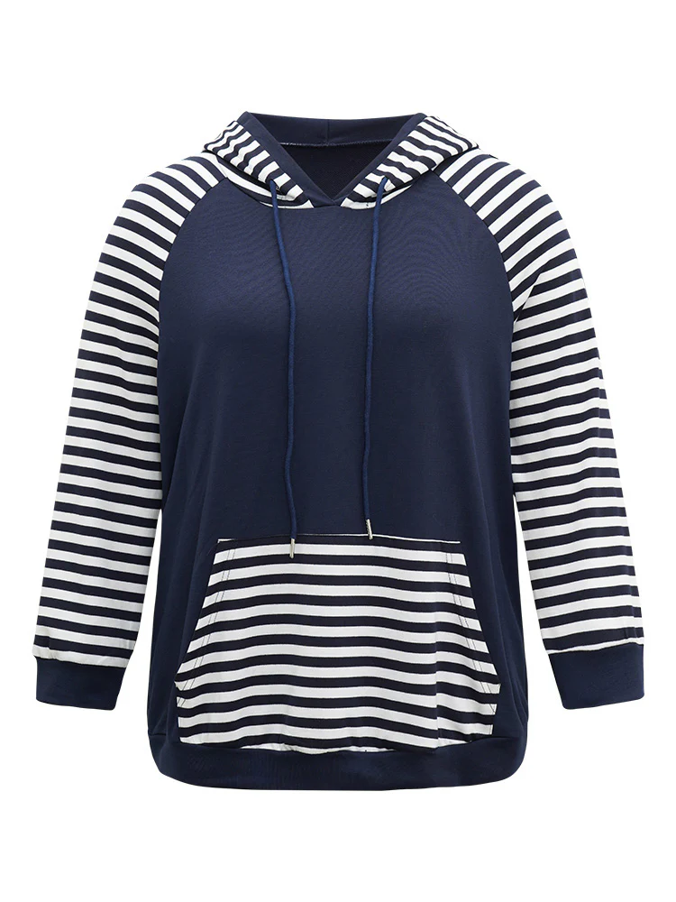 Striped Patchwork Drawstring Hooded Pocket Sweatshirt - Image 11
