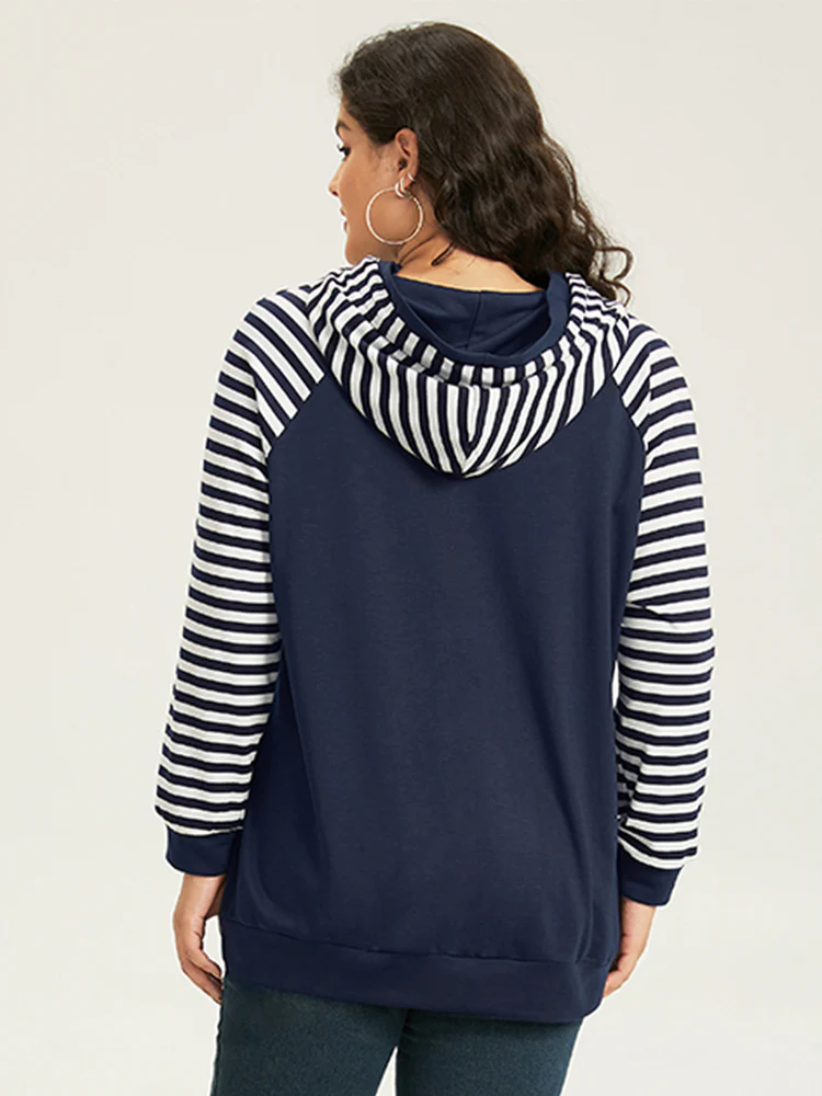 Striped Patchwork Drawstring Hooded Pocket Sweatshirt - Image 2