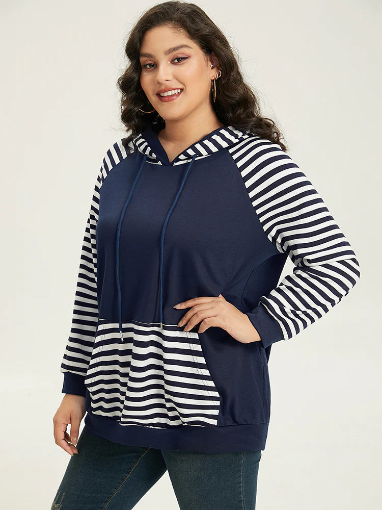 Striped Patchwork Drawstring Hooded Pocket Sweatshirt - Image 3