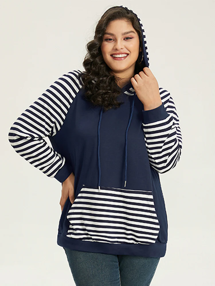 Striped Patchwork Drawstring Hooded Pocket Sweatshirt - Image 4