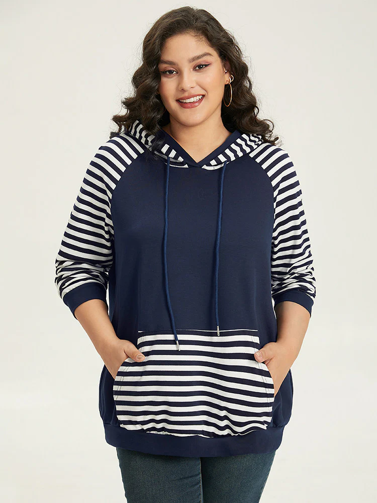 Striped Patchwork Drawstring Hooded Pocket Sweatshirt - Image 5