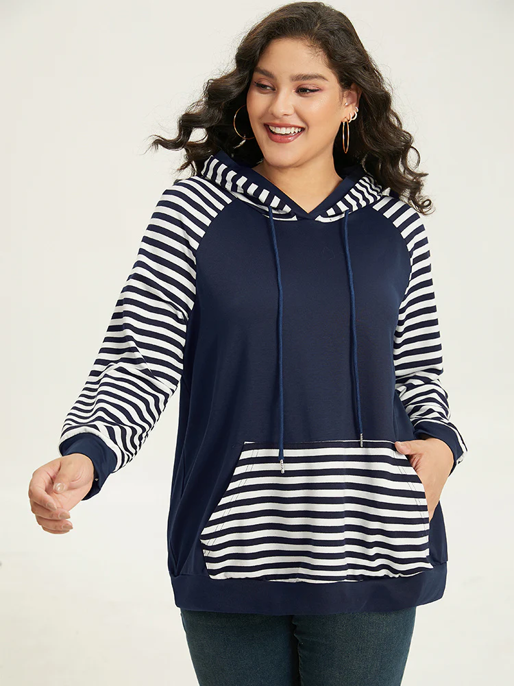 Striped Patchwork Drawstring Hooded Pocket Sweatshirt - Image 6