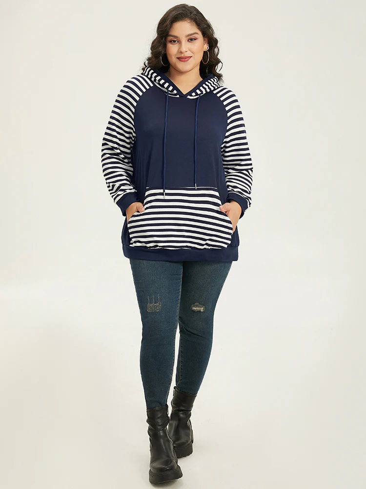 Striped Patchwork Drawstring Hooded Pocket Sweatshirt - Image 7