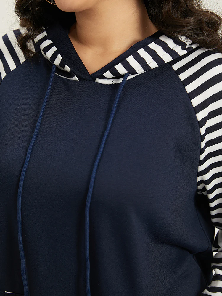 Striped Patchwork Drawstring Hooded Pocket Sweatshirt - Image 8