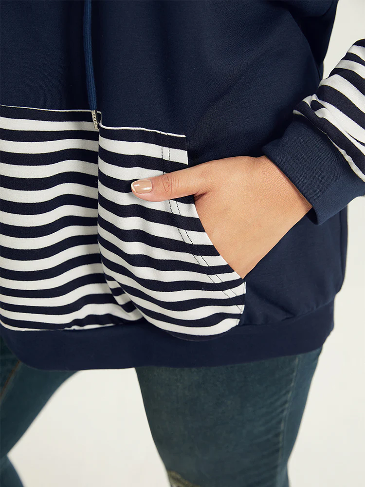 Striped Patchwork Drawstring Hooded Pocket Sweatshirt - Image 9