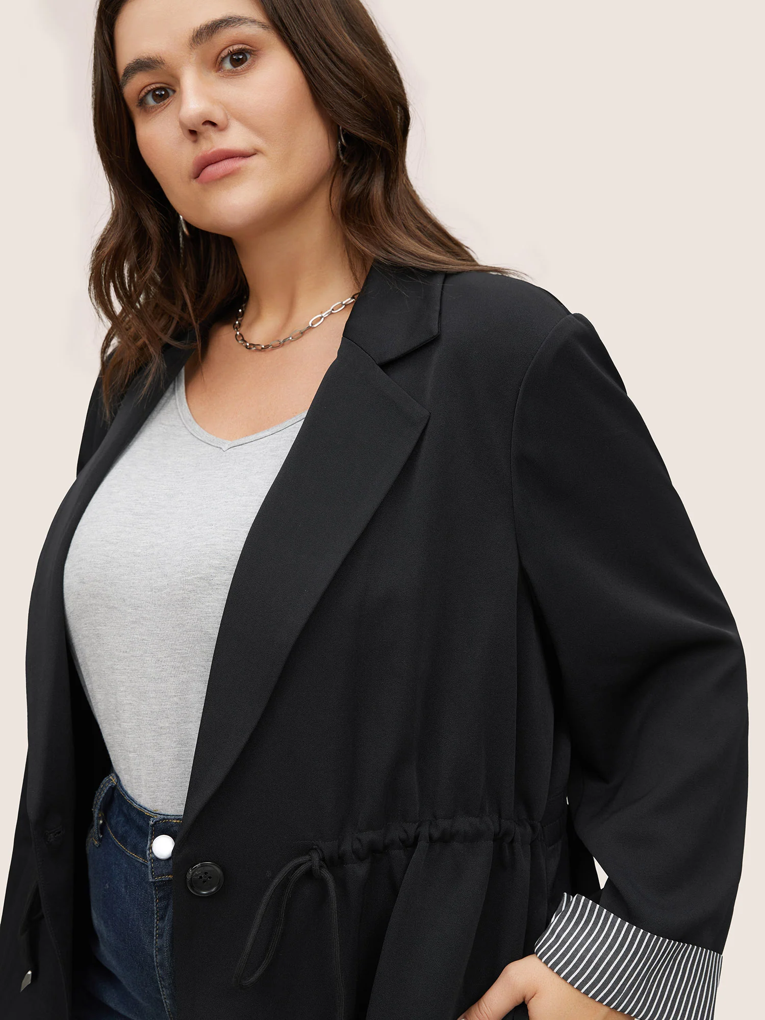 Striped Patchwork Drawstring Suit Collar Blazer - Image 3