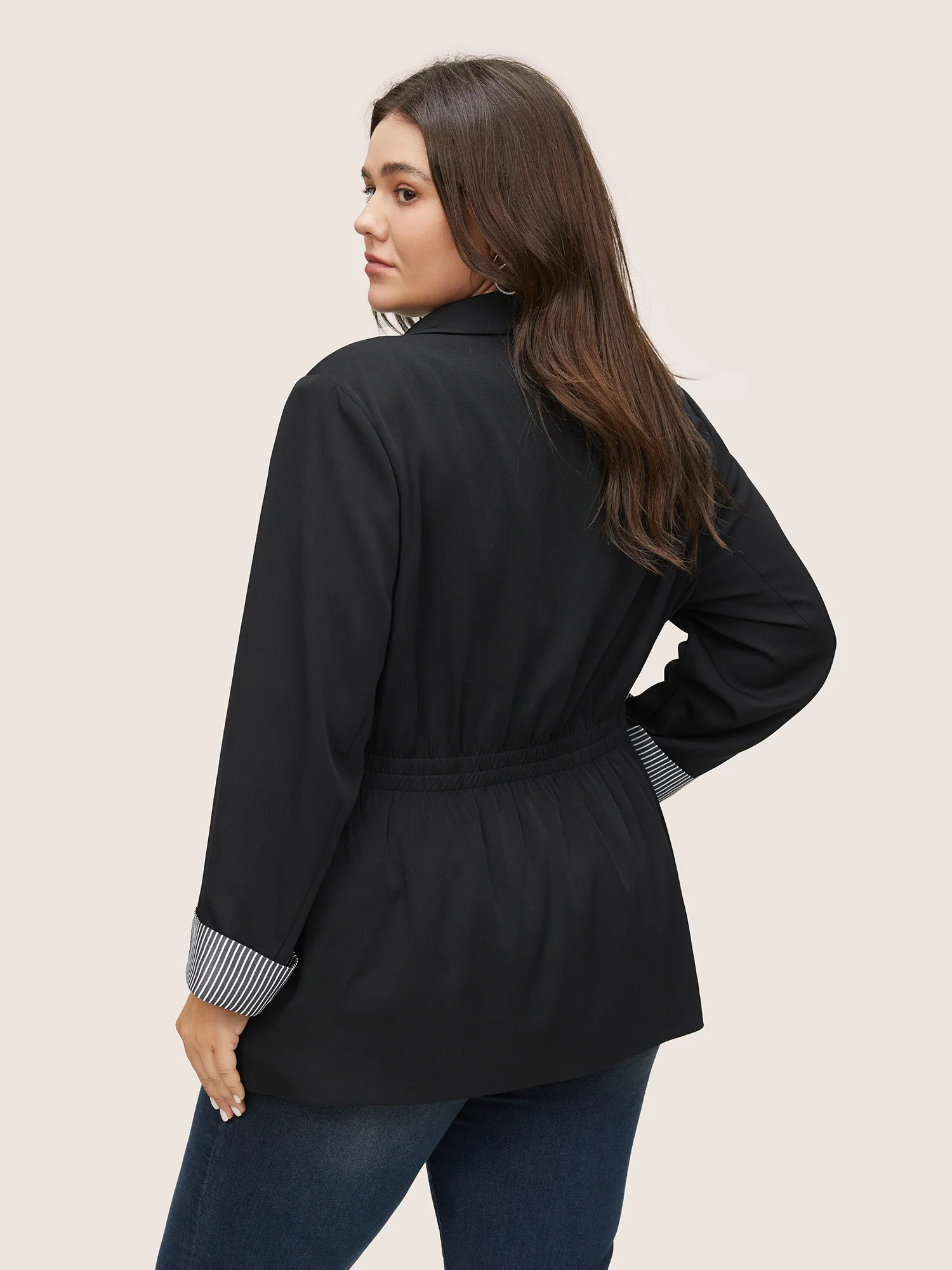 Striped Patchwork Drawstring Suit Collar Blazer - Image 4