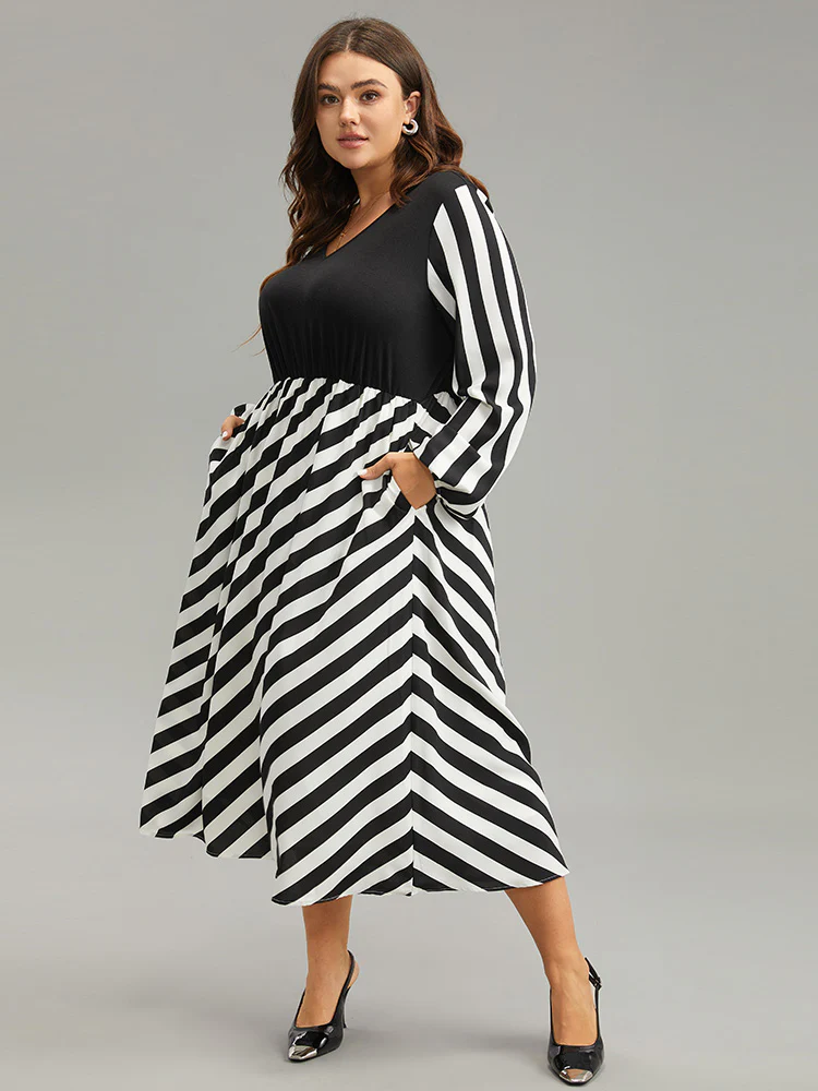 Striped Patchwork Elastic Waist Lantern Sleeve Dress - Image 2