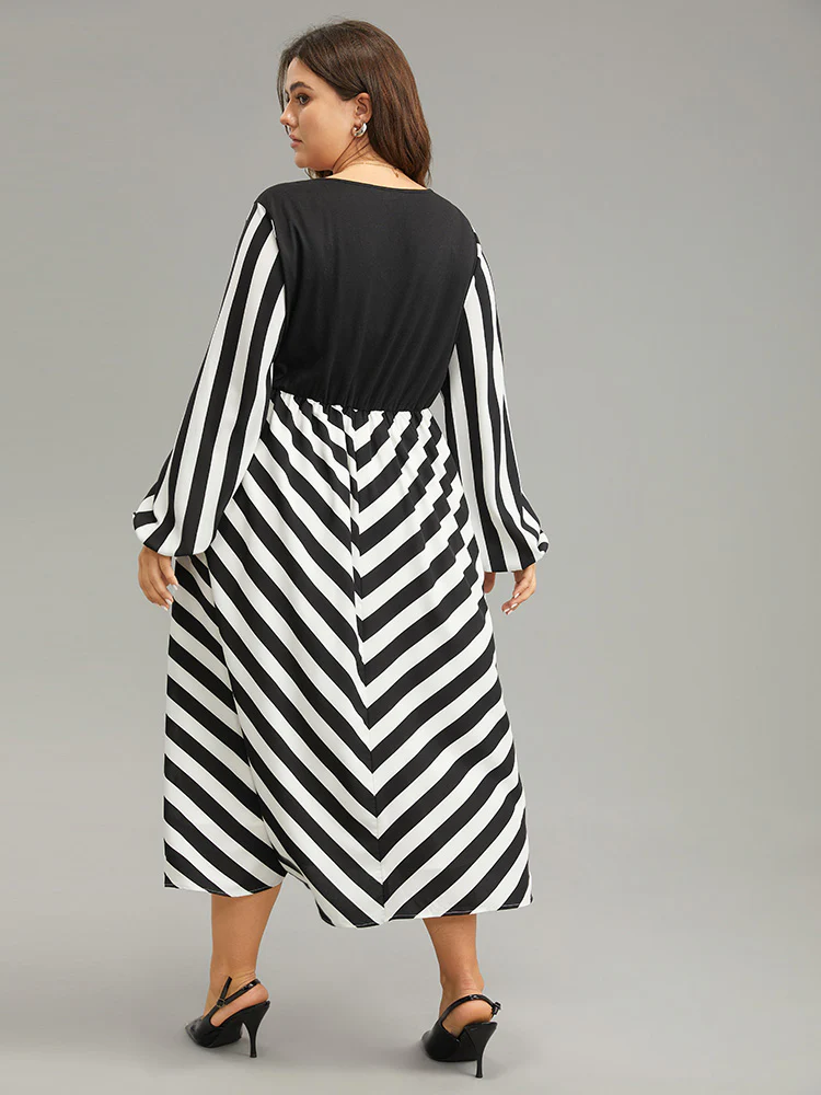 Striped Patchwork Elastic Waist Lantern Sleeve Dress - Image 3