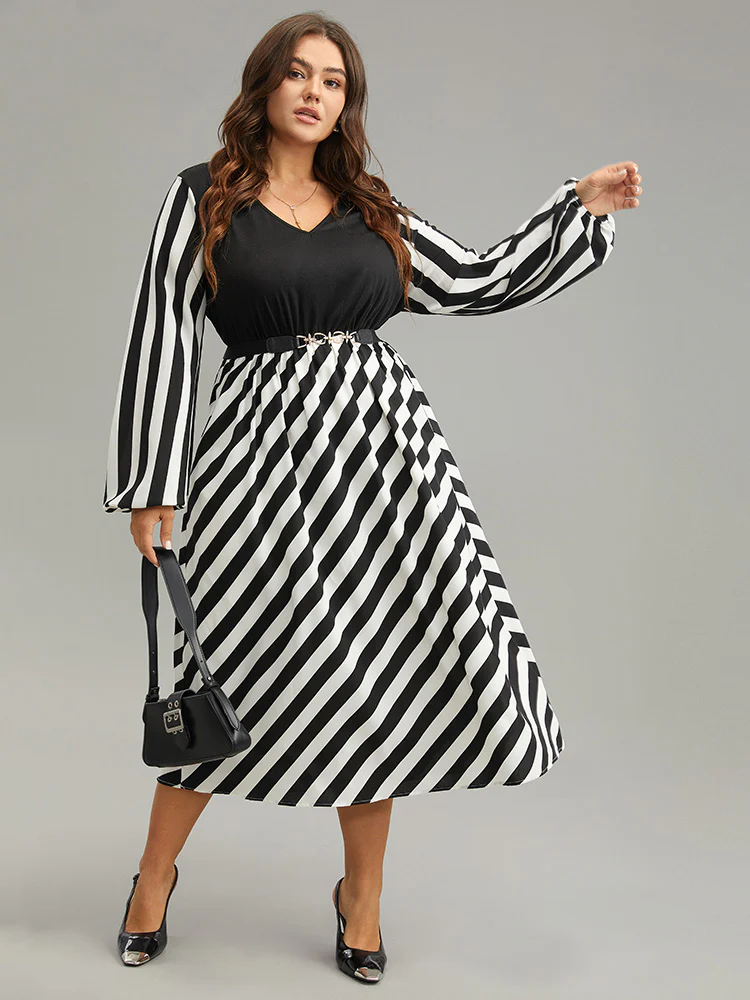 Striped Patchwork Elastic Waist Lantern Sleeve Dress - Image 4