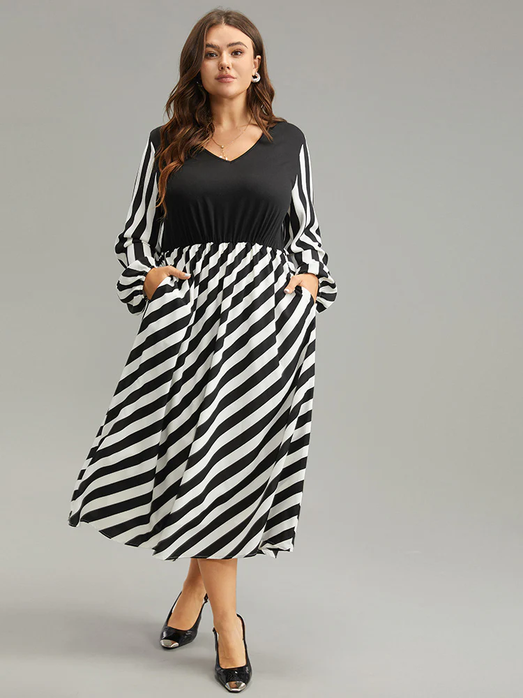 Striped Patchwork Elastic Waist Lantern Sleeve Dress - Image 5