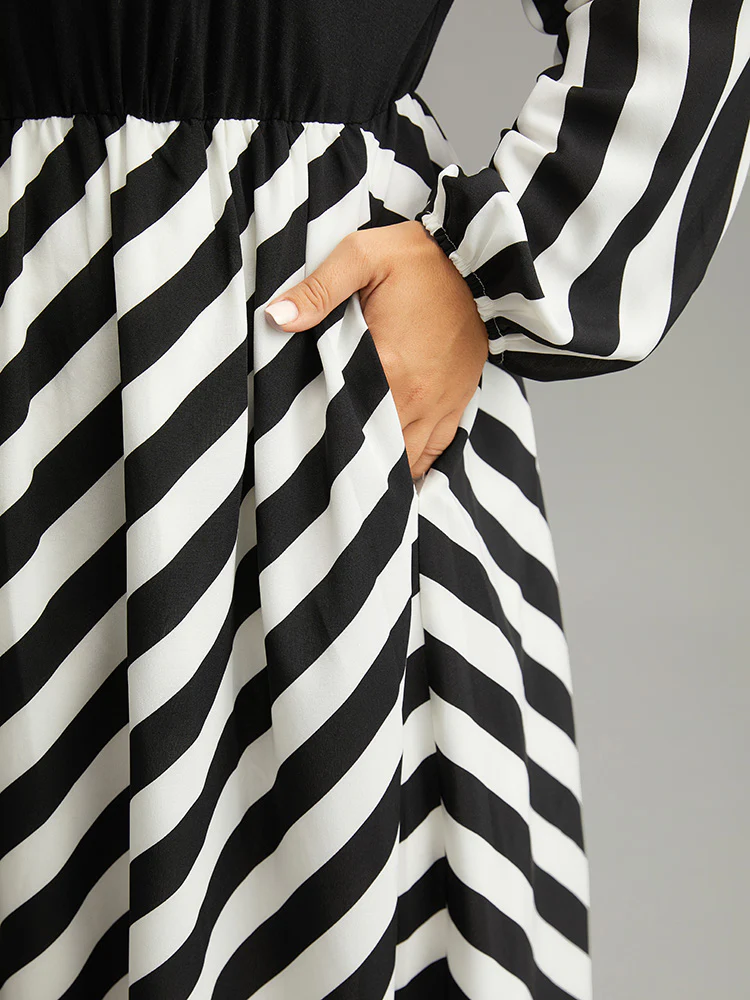 Striped Patchwork Elastic Waist Lantern Sleeve Dress - Image 7