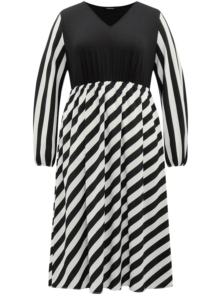 Striped Patchwork Elastic Waist Lantern Sleeve Dress - Image 8