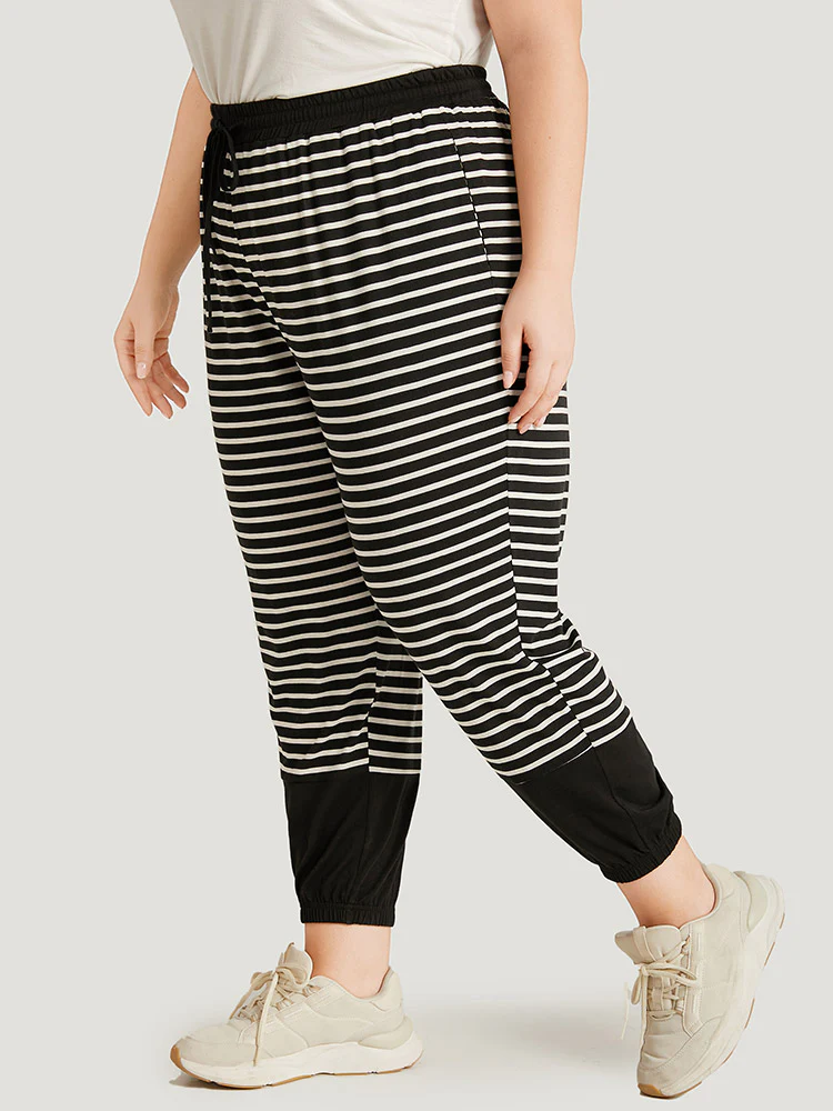 Striped Patchwork Elastic Waist Pocket Ties Sweatpants - Image 2