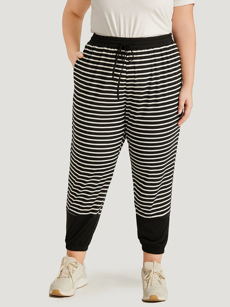 Striped Patchwork Elastic Waist Pocket Ties Sweatpants - Image 3