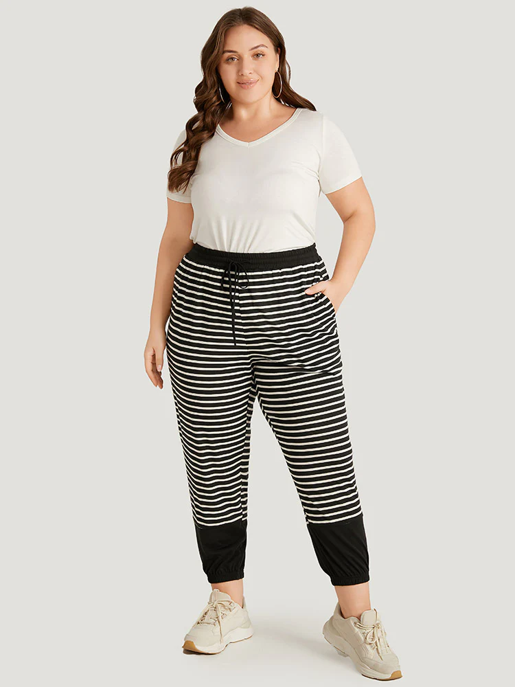 Striped Patchwork Elastic Waist Pocket Ties Sweatpants - Image 4
