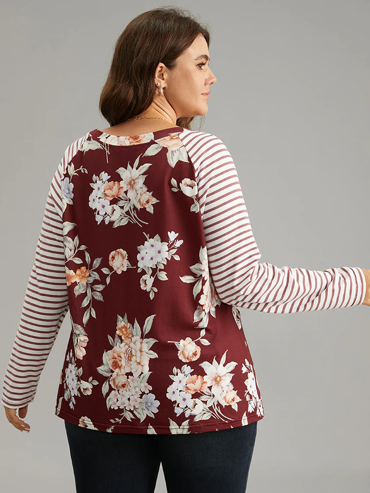 Striped Patchwork Floral Print T-shirt - Image 2