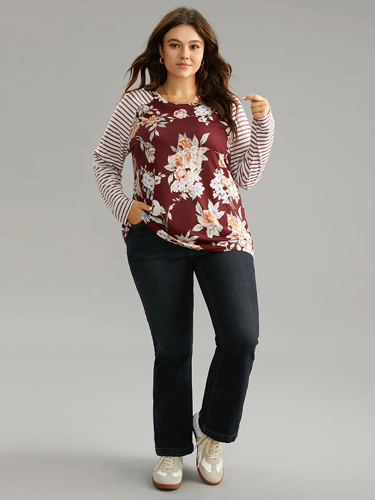 Striped Patchwork Floral Print T-shirt - Image 3